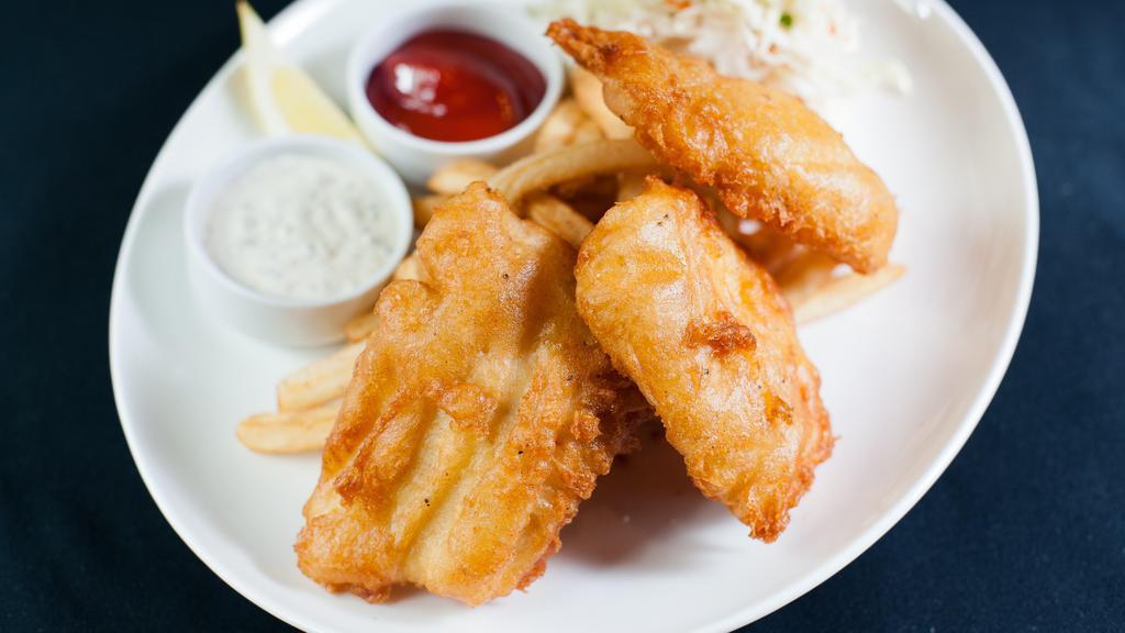 Beer Battered Fish And Chips · Beer battered to order, French Fries, house-made tartar, lemon