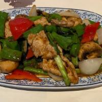 Shishito Pepper Delight · Japanese shishito pepper stir fried with Thai chili jam, red bell, green onion, mushroom, on...