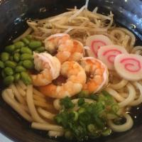 Udon Soup · Udon noodles in chicken broth with shoyu sauce, shrimp, bean sprouts, edamame beans, fish ca...