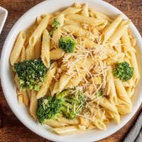 Broccoli Mac Mac · Sauteed broccoli with fresh garlic tossed with cream cheese sauce and penne pasta finished w...