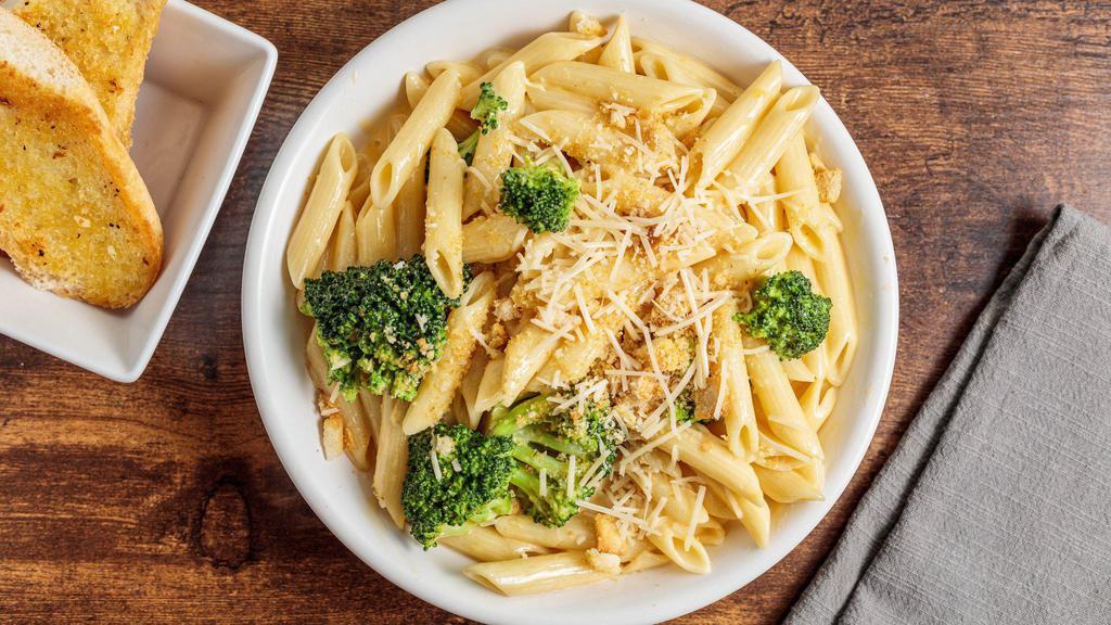 Broccoli Mac Mac · Sauteed broccoli with fresh garlic tossed with cream cheese sauce and penne pasta finished with toasted breadcrumbs and parmesan cheese.  Served with pretzel bread.