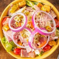 Godmother Chopped Salad · Romaine, provolone cheese, ham, salami, capicola, grape tomato, red onions, hot peppers, par...