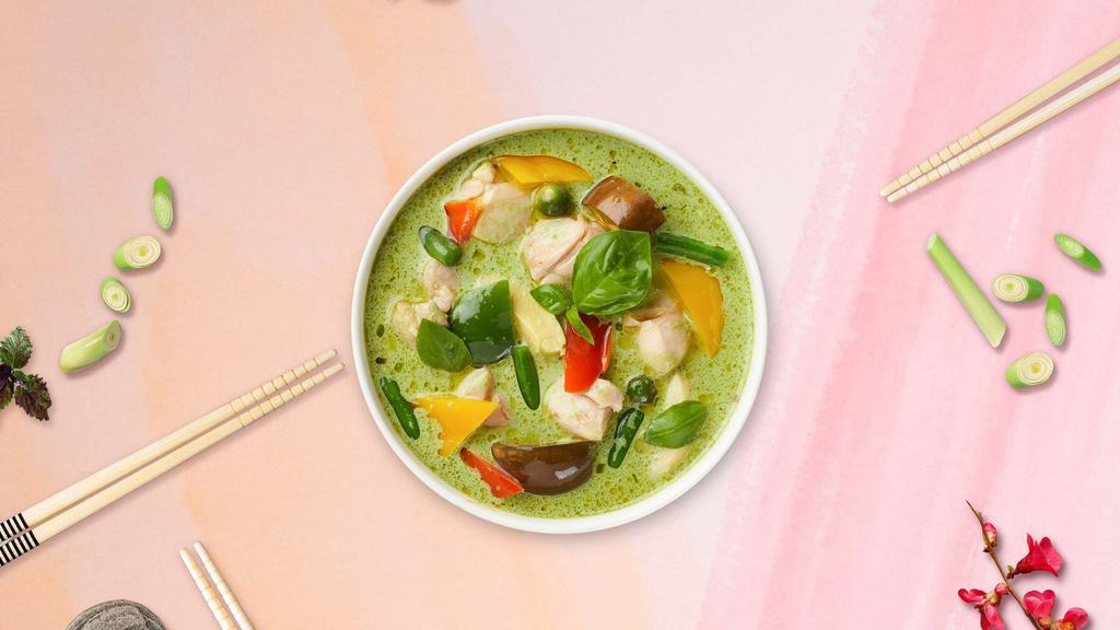 Green Curry · Coconut milk, bamboo shoot, eggplant, string beans, bell peppers, basil and choice of protein.