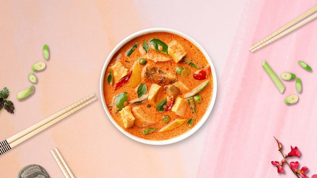 Red Curry · Coconut milk, bamboo shoot, eggplant, string beans, bell peppers, basil and choice of protein.