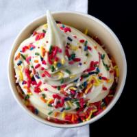 Cup Of Happiness · Your choice of two frozen yogurt flavors and up to three 1oz toppings.