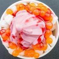 Not Your Mama' Froyo · Pom-Razz tart frozen yogurt topped with mochi and juice poppers (flavor of what we have in s...