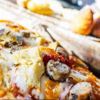 Sicilian Sausage Pizza · Roasted red peppers + onions + artichoke + fresh mozzarella
