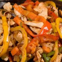 Chicken Fajitas · Grilled Chicken, peppers and onions. Served with Rice, Beans, Guacamole, Pico de Gallo, sour...