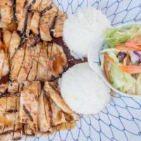 White Chicken Teriyaki · Tender chicken breast fillet, and flame broiled. Served with fresh salad in house dressing, ...