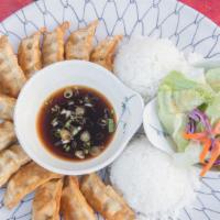 Gyoza Plate · 12 pieces, deep-fried pot stickers. Served with fresh salad in house dressing, and steamed w...
