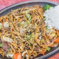 Yakisoba · Pan fried soba noodles, and fresh vegetables with ichrio's special sauce, comes with rice. P...