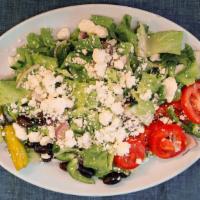 Greek Salad (Half) · Romaine lettuce, tomatoes, cucumbers, onions, green peppers, kalamata olives, pepperoncini, ...