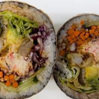 Double E Burrito · Tempura shrimp, avocado, carrot, cucumber, purple cabbage, romaine hearts and imitation crab...