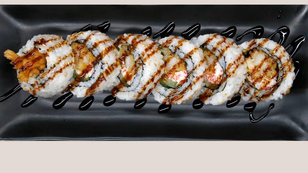 Tempura Shrimp Roll · Cucumber, tempura shrimp, imitation crab salad, sesame.
6 pieces
