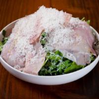 Parma Salad · Wild arugula, shaved parmesan, extra virgin olive oil, lemon zest, prosciutto cotto.