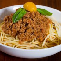 Spaghetti Bolognese · Spaghetti, Bolognese sauce, ground beef, ground pork, onions, grated parmesan.