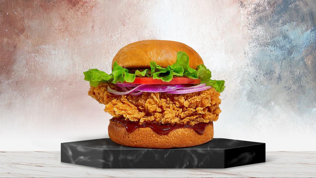Bang Bbq Fried Chicken Sandwich · Our signature fried white meat chicken, smothered in BBQ sauce topped with crispy lettuce, tomato, onion, ketchup, & mayo.