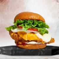 So Cheesy Chicken Sandwich · American cheese, nacho cheese, fried chicken breasts, lettuce, tomato, red onion, mayo, ketc...