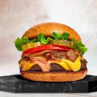 American Burger · American beef patty topped with buttered lettuce, tomato, onion, and pickles (without the ch...