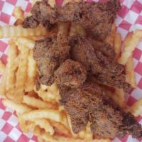Chicken Strips And Crinkle Fries (Gf) · Five pieces of chicken strips gluten-free and crinkle fries.