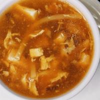 Hot & Sour Soup · Soup that is spicy and sour, made with eggs, mushrooms, tofu, and pork.