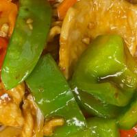 Szechuan Chicken · Stir-fried white meat chicken with bell peppers, bamboo, carrots, and mushrooms in a spicy b...