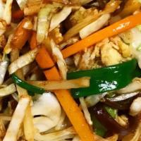 Mushu · Stir-fried with cabbage, carrots, mushrooms, eggs, green onions, and bamboo, served with fou...