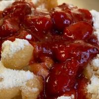 Strawberry · Powder sugar funnel cake topped w/ Sliced Strawberries. Add whip for addt'l chrg. (optional)