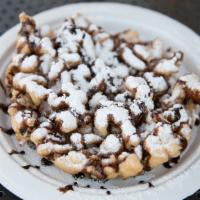 Chocolate · Powder sugar funnel cake drizzled with Hersey's chocolate syrup.