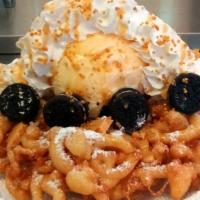 Vegas Golden Knights Funnel Cake · Powder sugar funnel cake drizzled w/ Hersheys Caramel, Hersheys chocolate candy pieces, ice ...