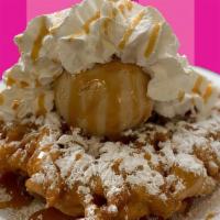 Coffee Caramel · Powder sugar funnel cake topped with coffee ice cream, drizzled with Hersey's caramel syrup ...