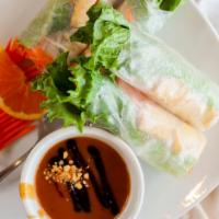 Fresh Rolls (2) · Fresh rice paper stuffed with vegetables, noodles, cucumbers, tofu, and carrots served with ...