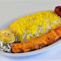 Chicken Kabob · Halal. Marinated chicken breast, grilled on skewer, served with grilled tomato and rice.