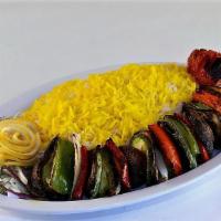 Veggie Kabob · Seasonal vegetables, grilled to perfection, served with grilled tomato, and basmati rice.