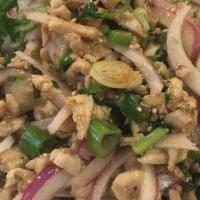 Larb Gai · Gluten free. Minced chicken breast mixed with rice powder, red onion, green onion and cilant...