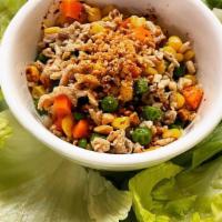 Let'S Eat Wrap · Ground chicken, corn, pea, carrot, onion, ground peanut, served with house green leaves and ...