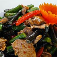 Sp15. Pad Prik Khing · Stir fried red spicy chili paste, served with white rice.