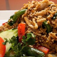 R3 Spicy Fried Rice · Fried rice with basil, green bean, pea, bell pepper, onion, green onion, chili and egg.