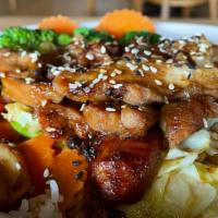 R8 Teriyaki Chicken Bowl · Teriyaki chicken with cabbage, broccoli, carrot, eel sauce and sesame seeds, served with whi...
