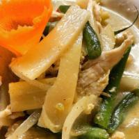 C1 Green Curry · Simmered in green curry spices, coconut milk, bell pepper, green beans, bamboo shoots and sw...