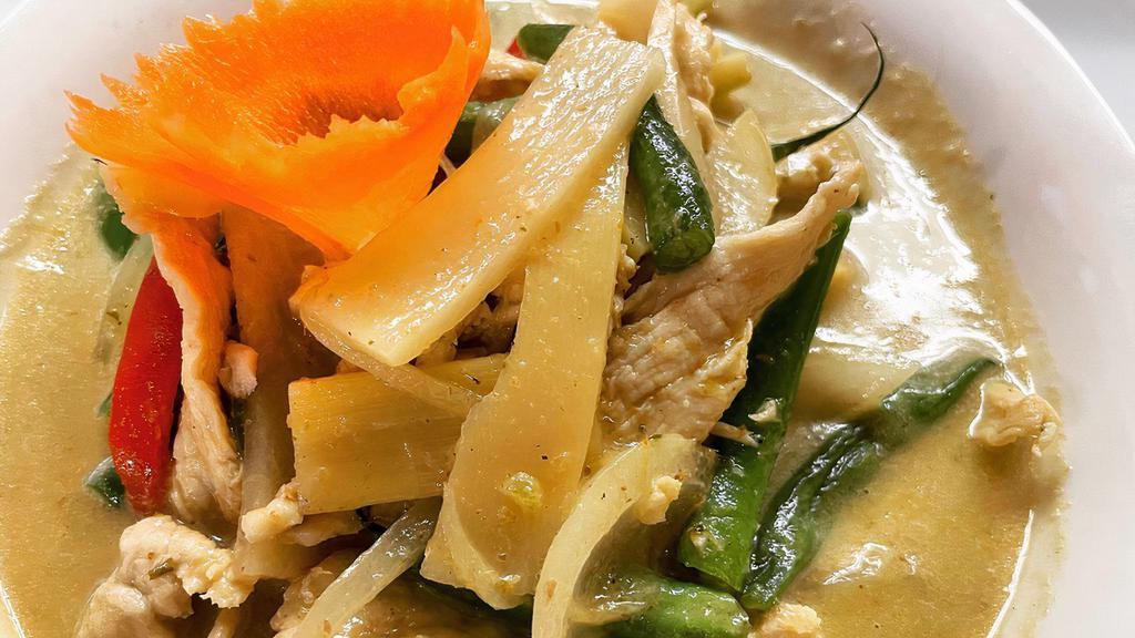 C1 Green Curry · Simmered in green curry spices, coconut milk, bell pepper, green beans, bamboo shoots and sweet basil, served with white rice.