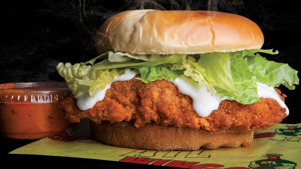 Lucky'S Spicy Sandwich · Breaded spicy chicken breast in a soft brioche bun. Homemade ranch or regular sauce (no dry rubs). Lettuce is optional.