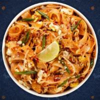 Pad Thai In The Sky · Stir-fried rice noodle with bean sprouts, scallions, carrot, and crushed peanuts.