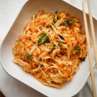 Pad Thai (Gf) · Stir-fried rice noodles, eggs, bean sprouts, green onions, and cilantro topped with ground p...