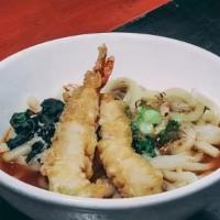 Bogo Tempura Udon · Udon noodle, shrimp tempura 2 pieces, wakame seaweeds, green onion, sesame seeds, udon soup