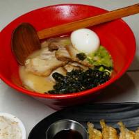 Ramen & Gyoza Set · Tonkotsu ramen, gyoza 5 pieces, rice, sesame seeds