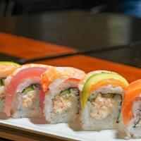 Rainbow Roll · 8 pieces. Real crab mayo, cucumber, salmon, tuna, boiled shrimp, avocado
