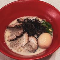 Tonkotsu Ramen · Ramen Noodle, Char Siu Pork, Boiled Egg, Wood Ear
 Green onion, Pork Bone Base Soup.