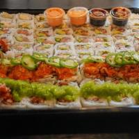Roll Platter · 10 roll / 80 pieces. Real crab California roll 16 pieces, shrimp tempura roll 16 pieces avoc...