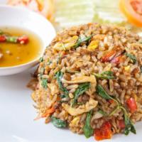 Basil Fried Rice · Fresh fried rice with holy basil, red bell peppers, onions, green beans, fish sauce, and bok...